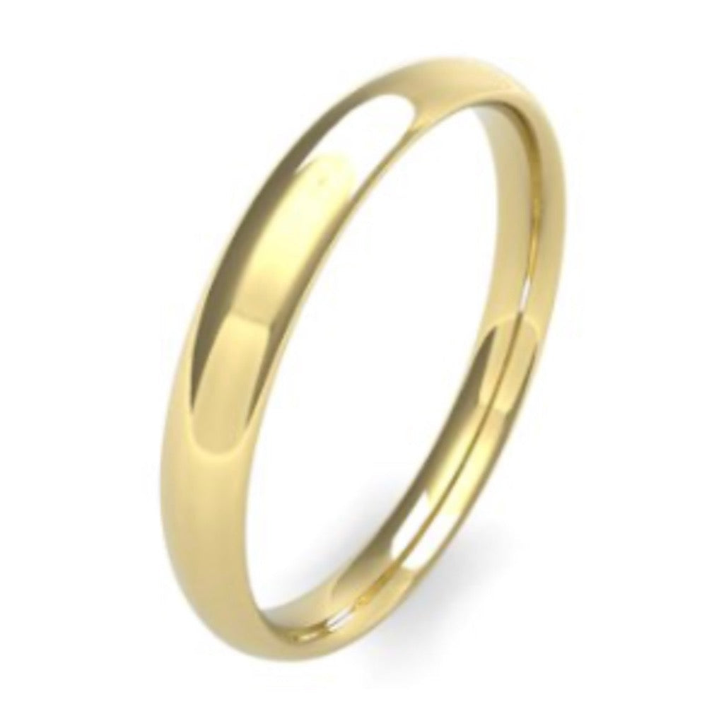 Traditional court shaped wedding ring in either yellow gold measuring 3.0mm wide
