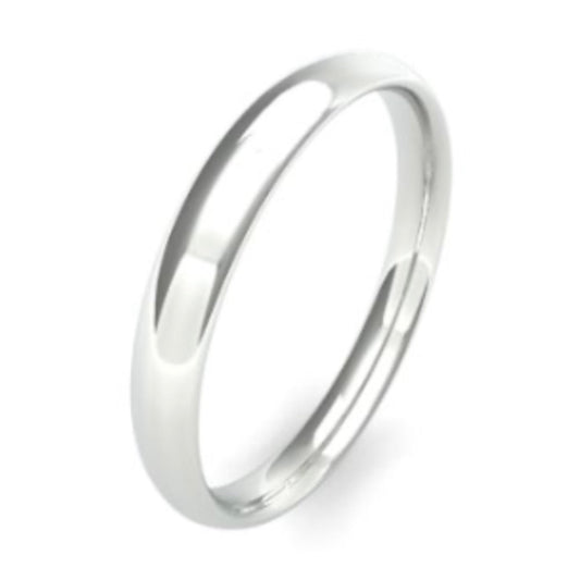 Traditional court shaped wedding ring in either white gold or platinum measuring 3.0mm wide