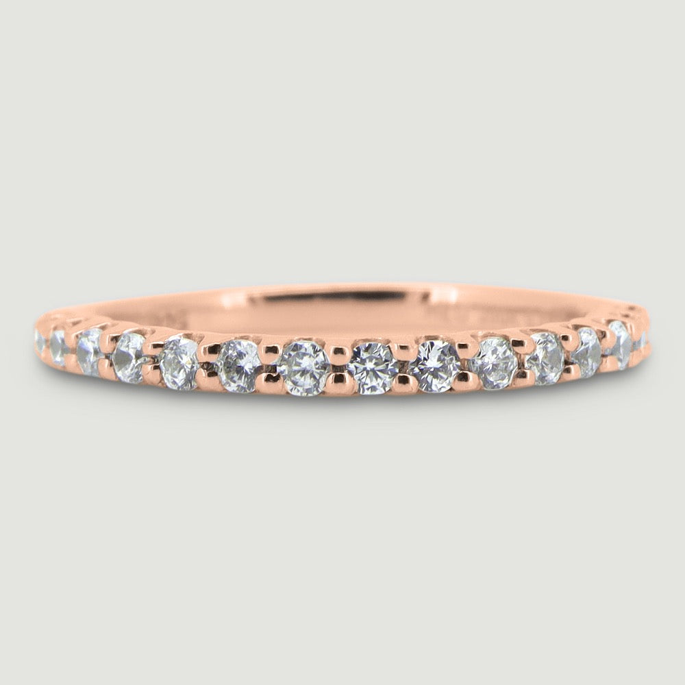 Round diamond set ring 1.7mm wide in a U shaped setting 18ct rose gold - view from the top