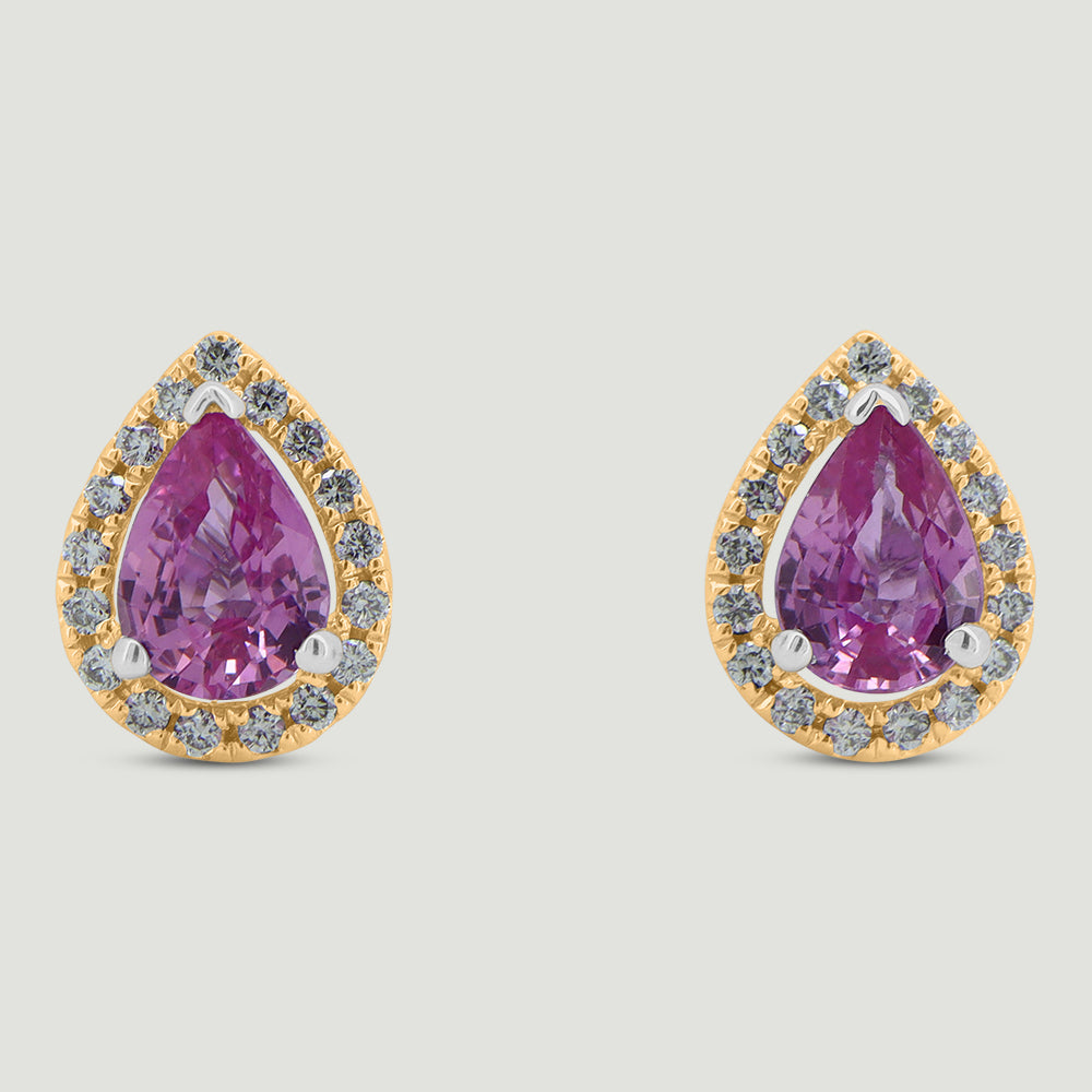 18ct yellow gold pear shaped stud earrings, each set with a pink sapphire centre stone surrounded by a micro-pavé set halo of round diamonds